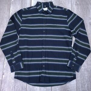 Frank & Oak Button Down Shirt Mens Large Navy Blue Green Striped Flannel Cotton